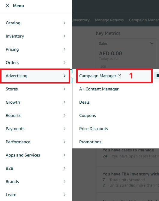قائمة إدارة الحملات الإعلانية عبر Seller Central في أمازون