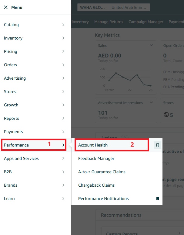 قائمة التنقل في حساب بائع أمازون تُظهر الدخول إلى Performance ثم Account Health