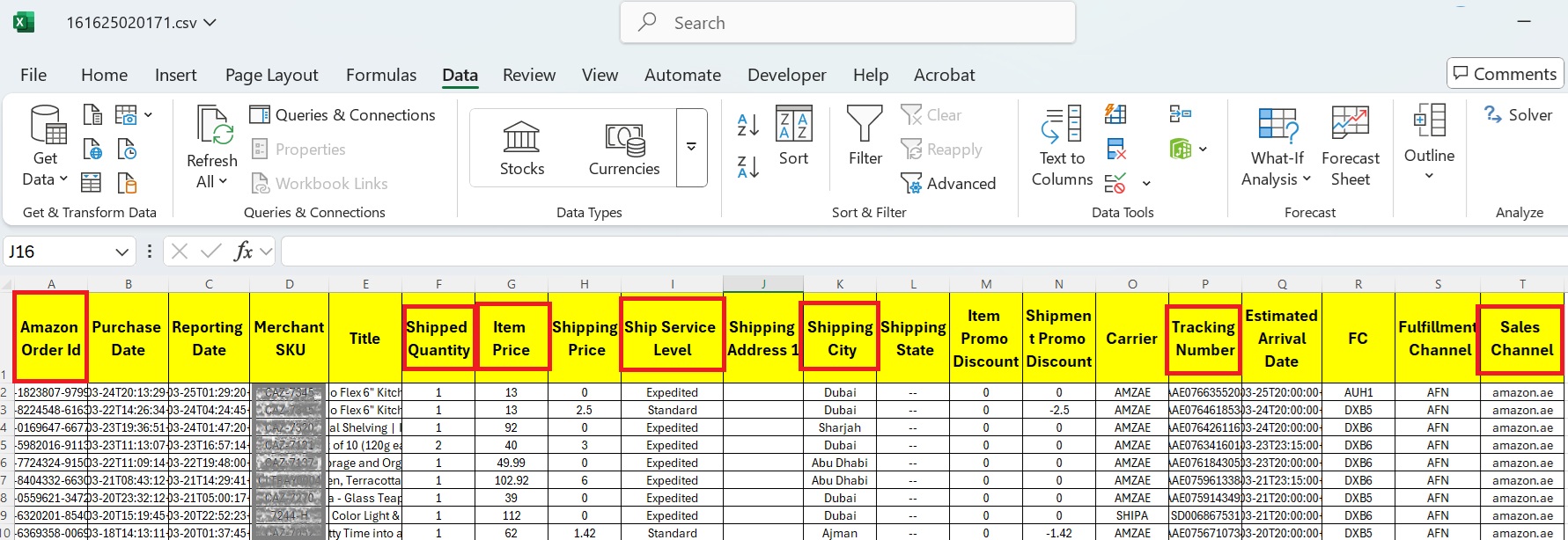 تحليل بيانات تقرير شحنات أمازون باستخدام Excel