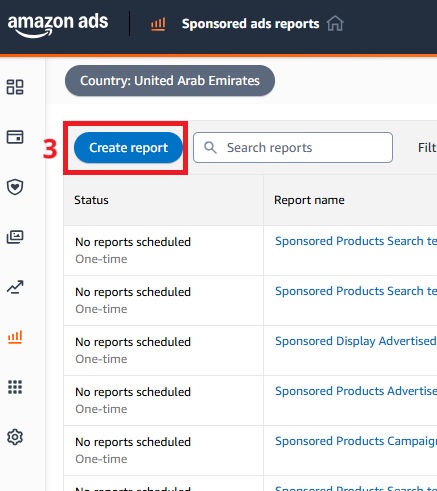 زر Create Report في صفحة تقارير إعلانات أمازون