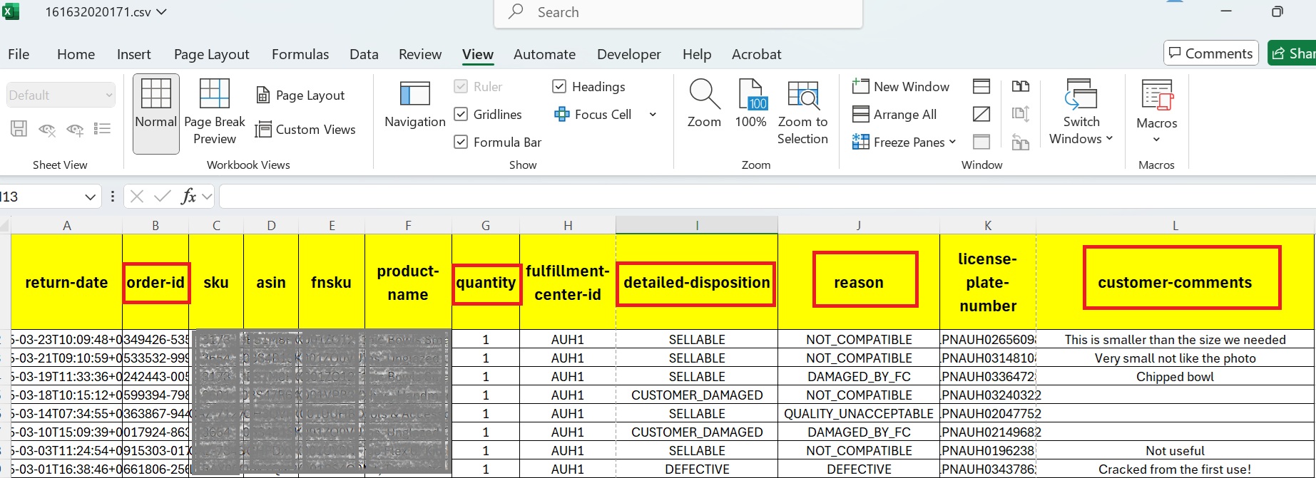 نموذج بيانات Excel لتقرير FBA Customer Returns يحتوي على كميات الإرجاع، الأسباب، وتعليقات العملاء