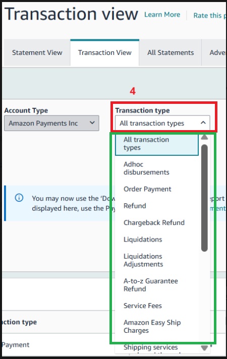 قائمة منسدلة بأنواع المعاملات داخل Transaction View في Seller Central