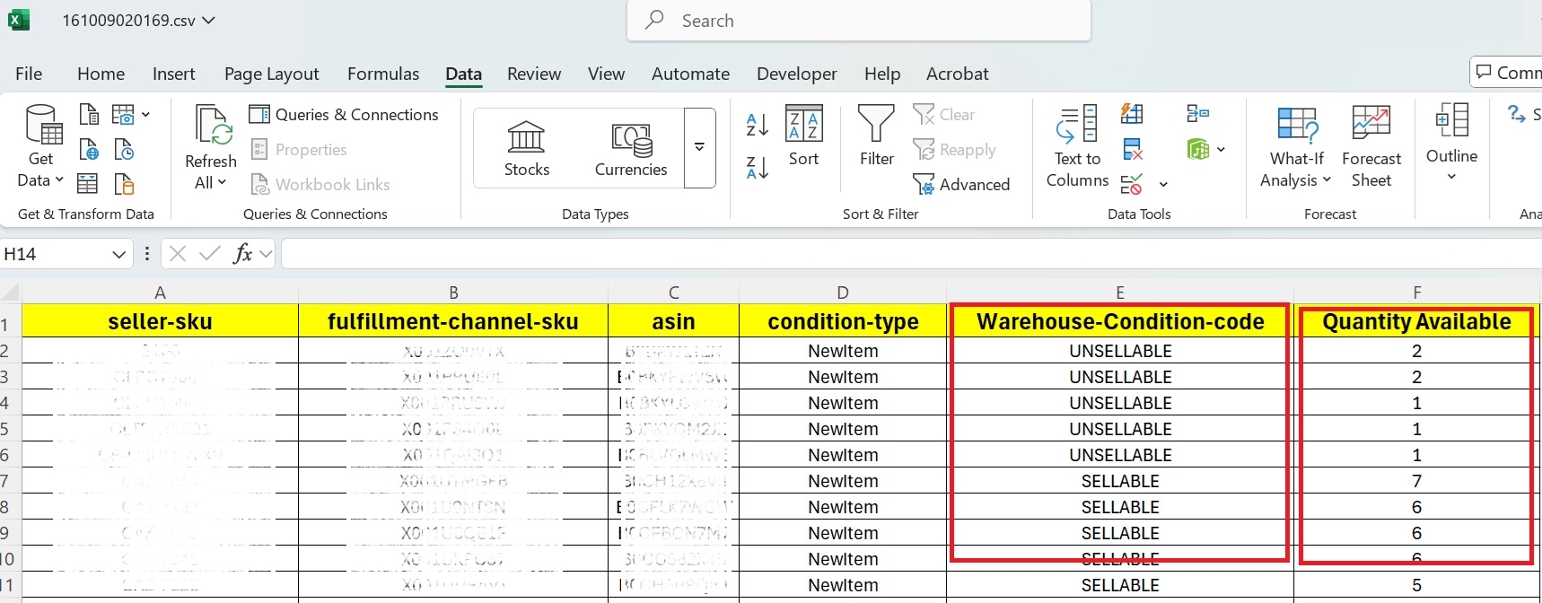 ملف Excel يحتوي على تفاصيل حالة المنتجات المخزّنة في مستودعات أمازون