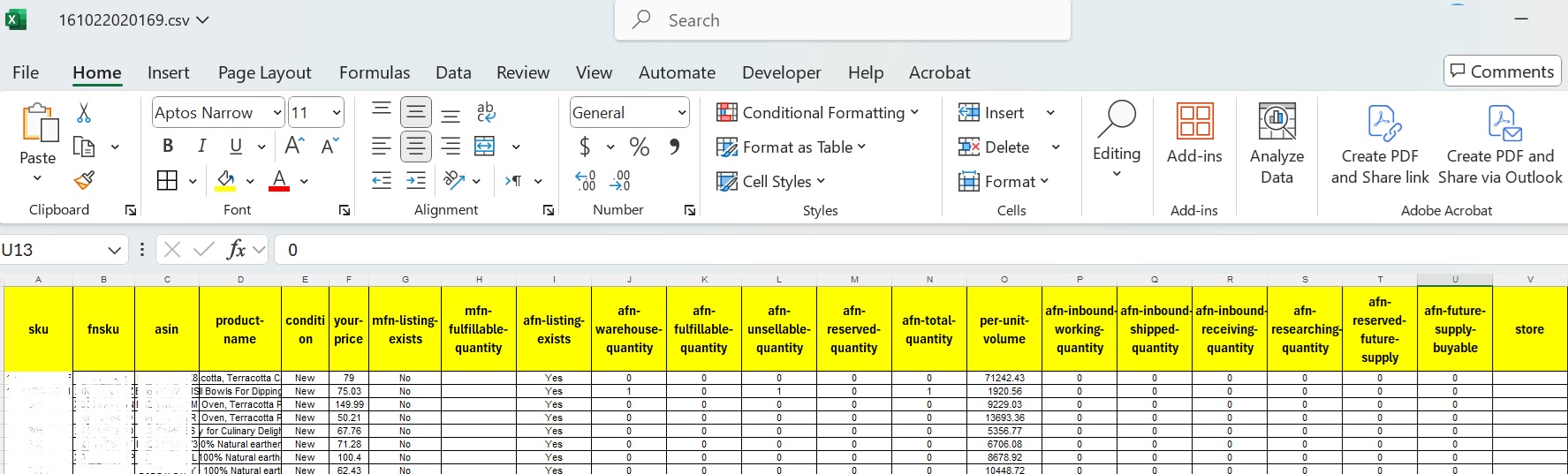 ملف Excel يحتوي على أعمدة تشمل الكميات المستلمة، المحجوزة، قيد التوريد، ومعلومات التسعير
