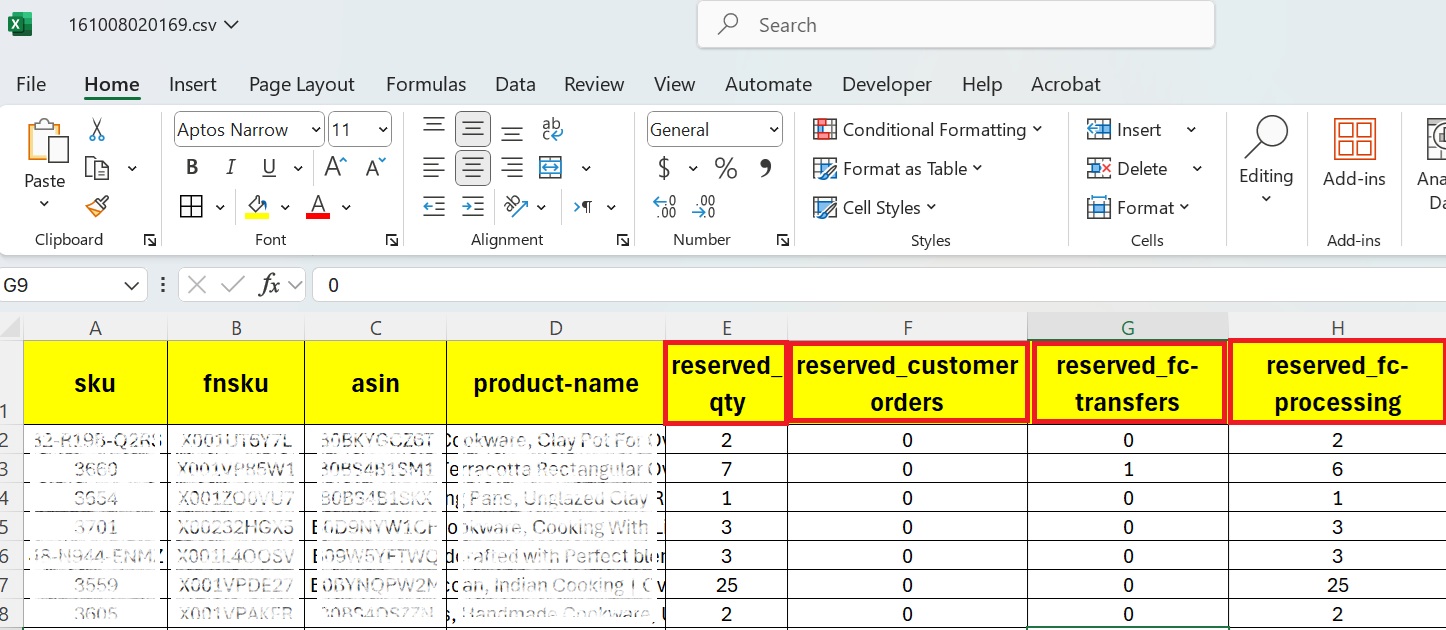 ملف Excel يعرض تفاصيل الكميات المحجوزة بأنواعها داخل تقرير Reserved Inventory