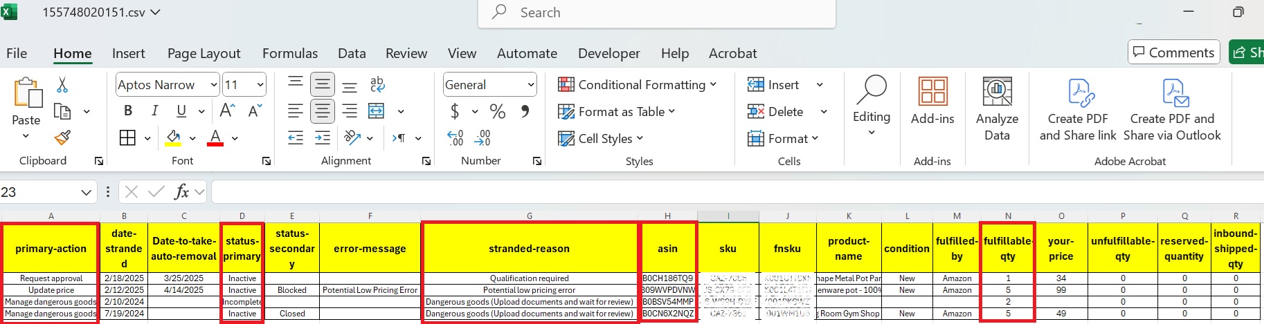 ملف Excel يوضح حالة المنتجات العالقة وأسبابها وتوصيات اتخاذ القرار