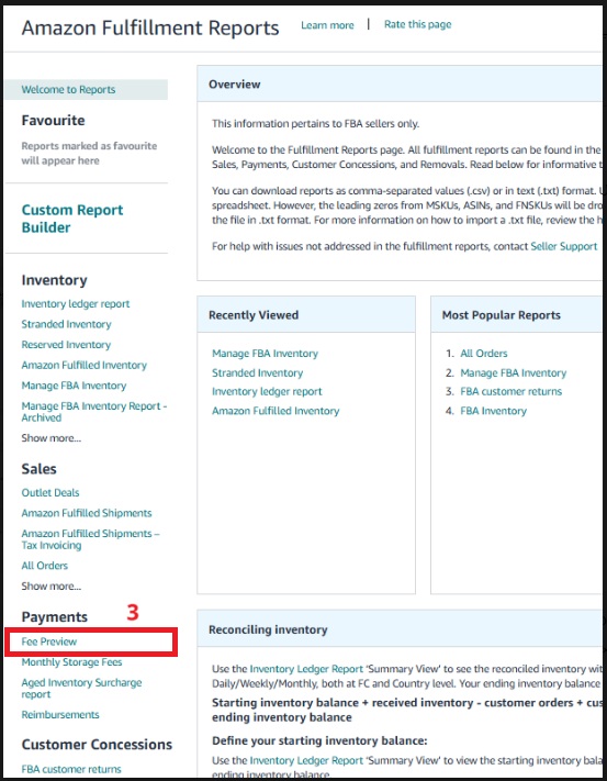 تحديد Fee Preview من قائمة تقارير Fulfillment في Seller Central
