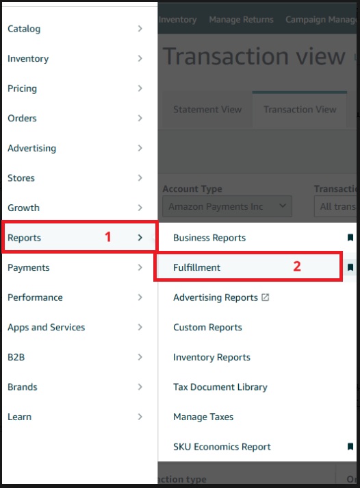التنقل داخل قائمة Seller Central للوصول إلى Fulfillment Reports