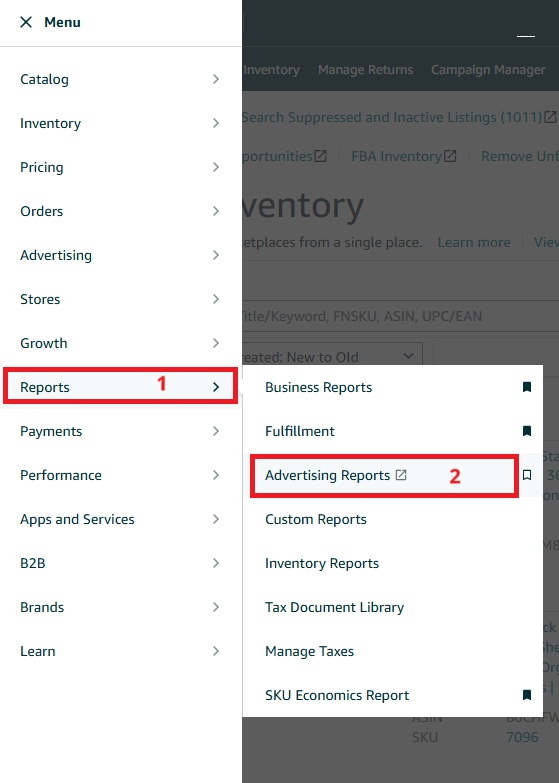 قائمة التنقل في Seller Central توضح كيفية الدخول إلى تقارير الإعلانات من خلال قسم "Reports"