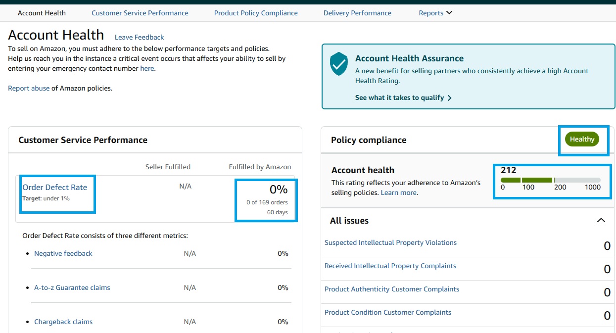 تقرير Account Health يوضح أن نسبة العيوب في الطلبات 0% وتصنيف الحساب "صحي"