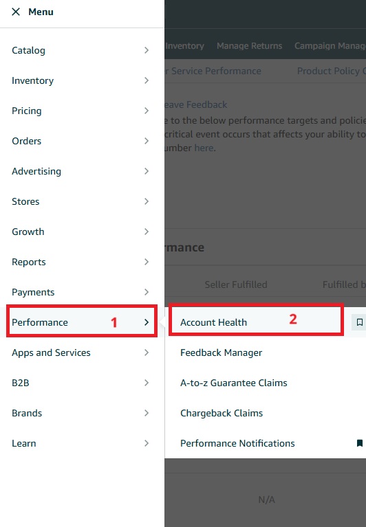صورة لقائمة "Performance" داخل Seller Central توضح كيفية الدخول إلى صفحة Account Health
